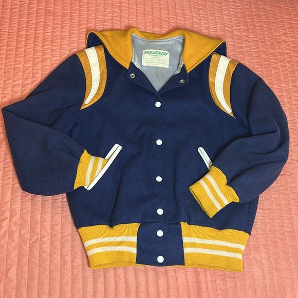 Vintage 70-80s Holloway Varsity Jacket women’s Blue Yellow Leather Wool sz Med - Picture 14 of 15
